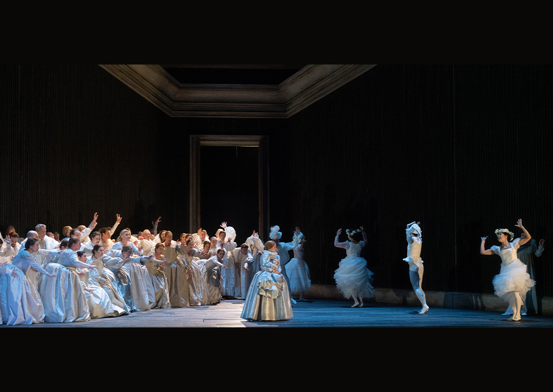 Scene from Maria Stuarda; girl in foreground with ensemble and dancers