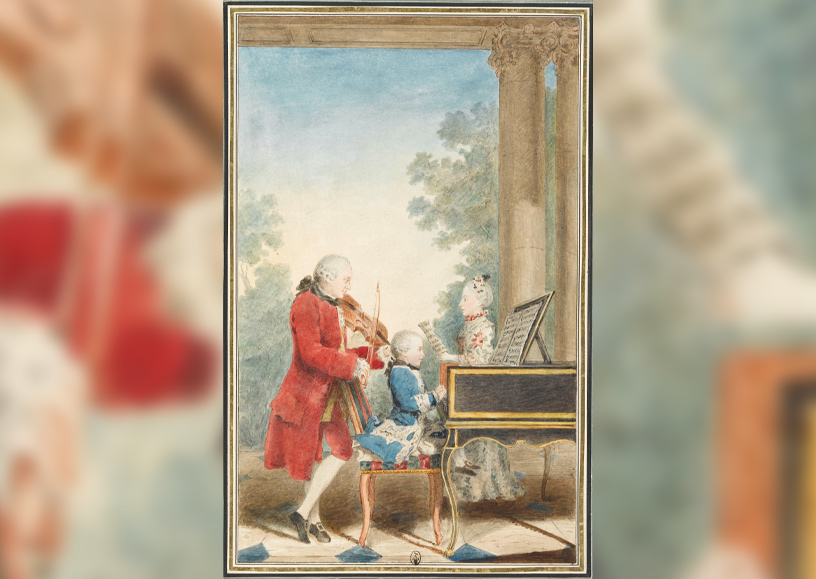 Aquarel van Leopold Mozart met zijn twee kinderen door Louis Carrogis Carmontelle (1763)