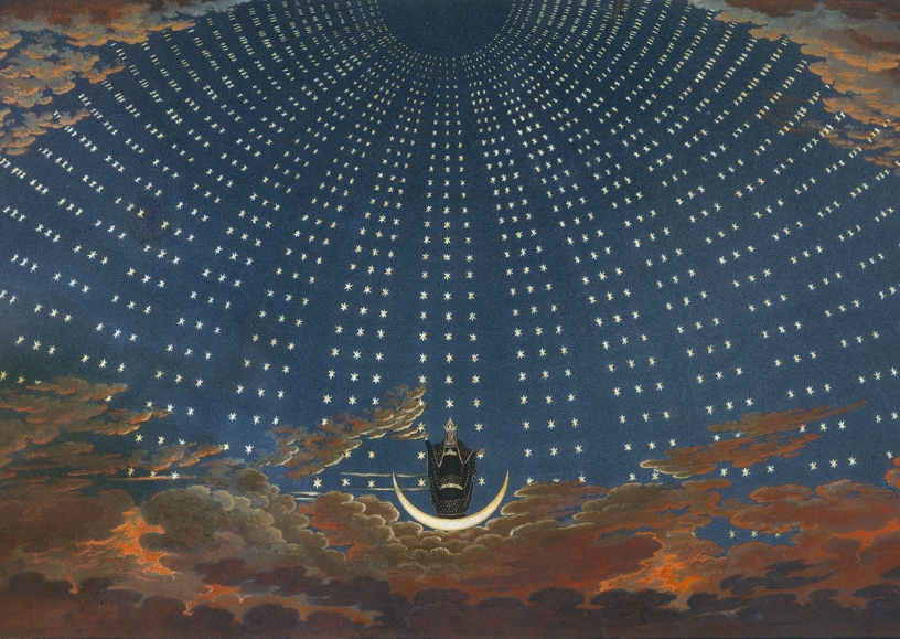 Ontwerp voor de opkomst van de Koningin van de Nacht door Friedrich Schinkel (1815)