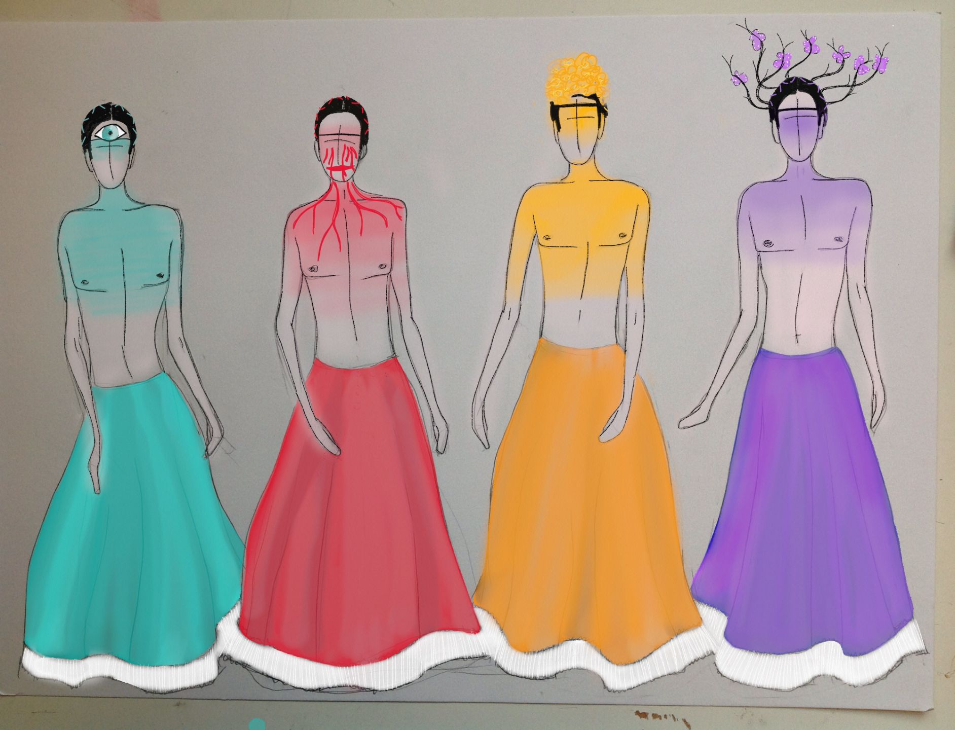 Tekeningen van de Frida kostuums
