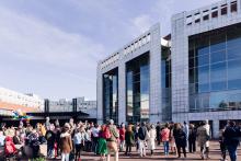 People of various ages in front of Dutch National Opera & Ballet