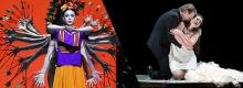 Scènebeeld uit Frida met Maia Makhateli en scènebeeld uit La traviata met Adela Zaharia en Bogdan Volkov