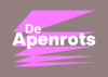 Paarse grafische vormen op een bruine achtergrond met daarover witte tekst 'De Apenrots'